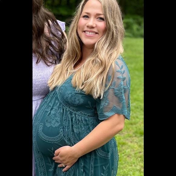 Dark Turquoise Lace Mesh Overlay Maternity Maxi Dress - Picture 2 of 5